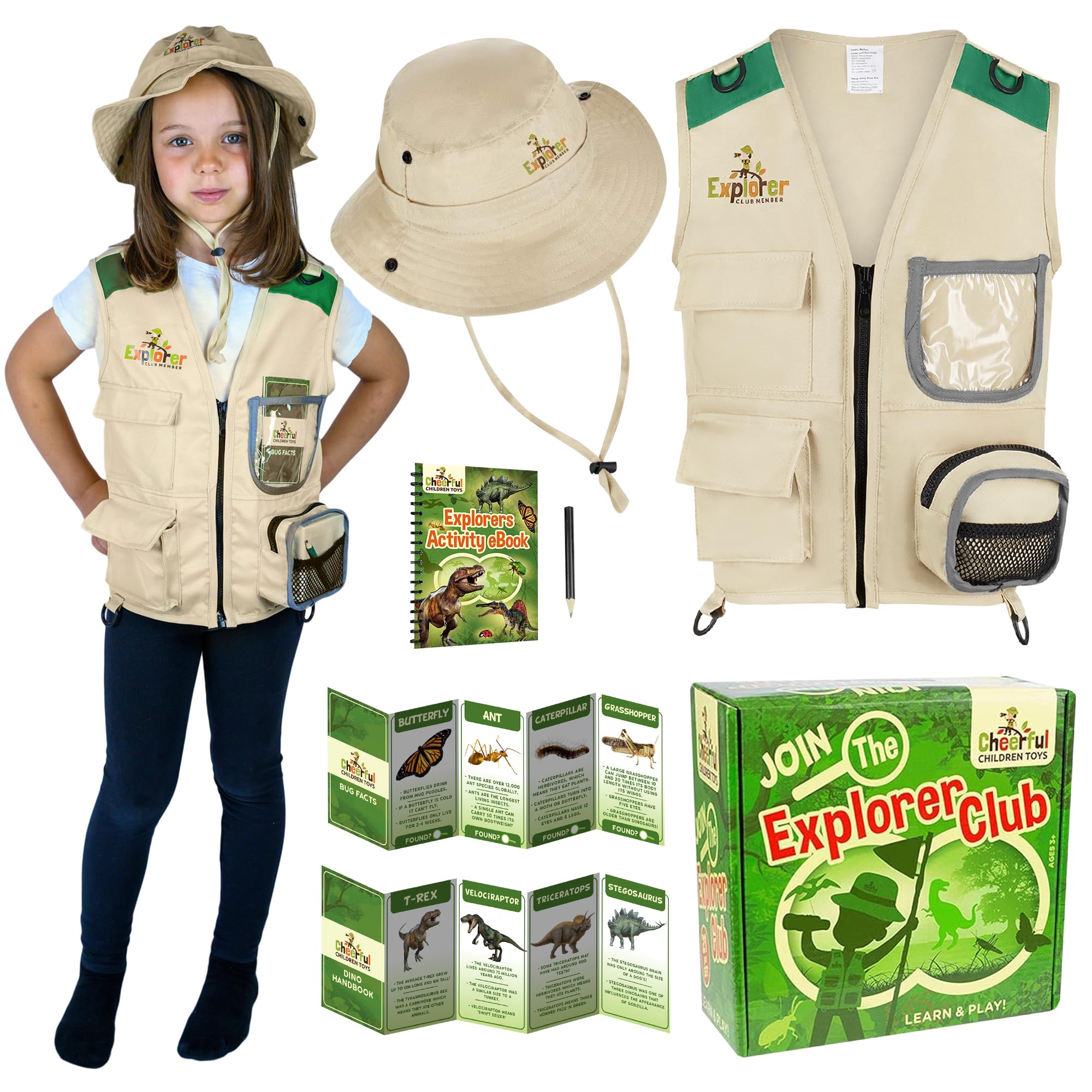 Cheerful Children Toys Kids Explorer Costume Kit including Safari Vest and hat plus Dinosaur and Bug Educational Handbooks - for Dress up, Outdoor Adventures and Role play.Suitable for 3-7 year olds