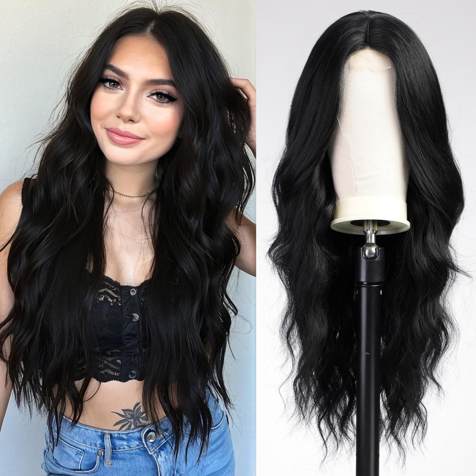 WOKESTAR Long Black Wavy Wigs for Women, Curly Wig with Middle Parting Heat Resistant Fiber Wig for Daily Use