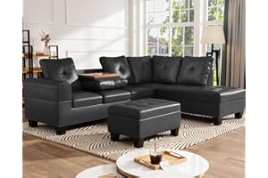 AWQM Upholstered Sectional Sofa w/Chaise Lounge, Modern L Shaped Sofa Couch with Storage Ottoman Bench, PU Leather Sectional Couches with Cup Holder for Living Room Small Space