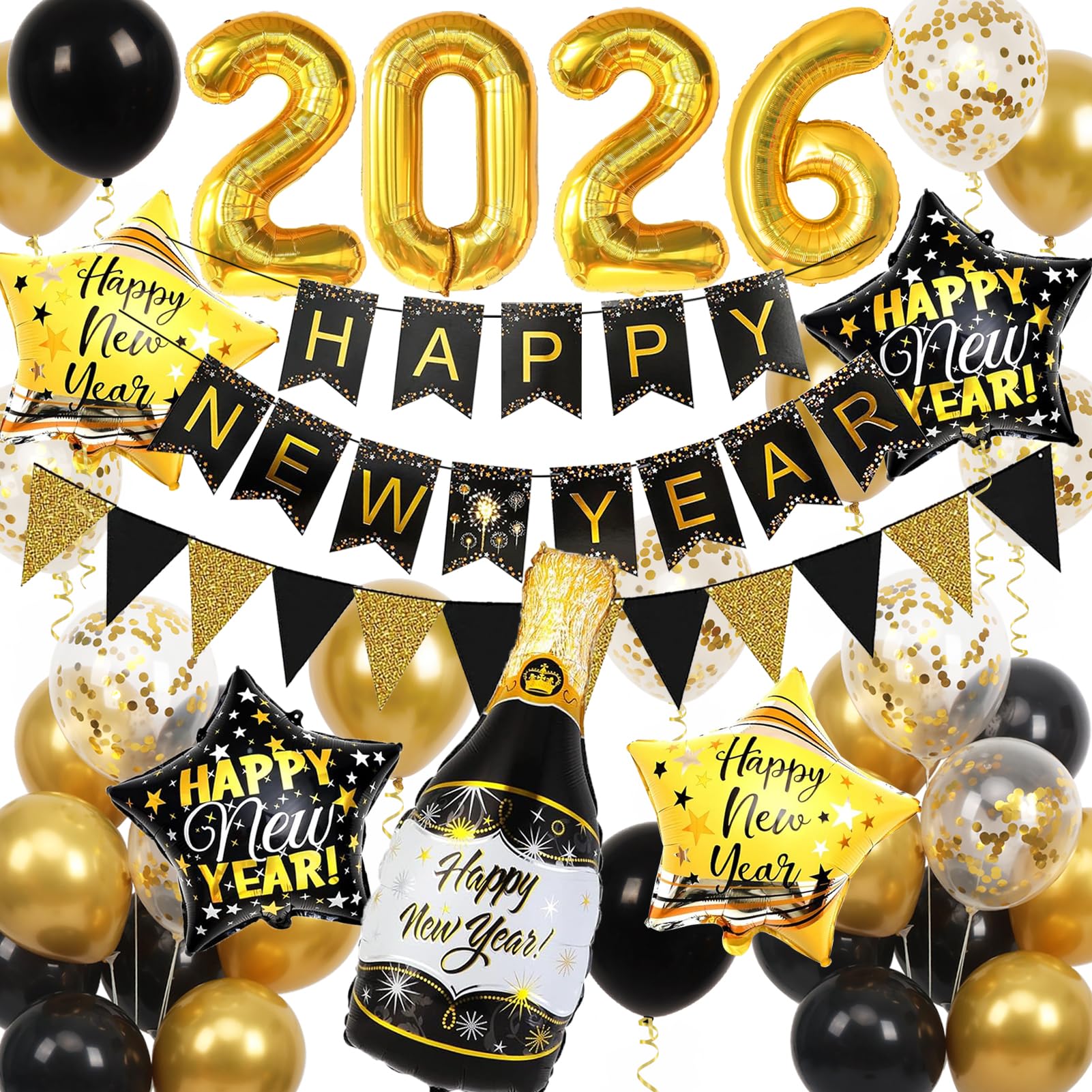 New Year's Eve Decoration 2026, Happy New Year Banner and 2026 Foil Balloons, Black and Gold Happy New Year Balloons for New Years Eve Party Decorations 2026