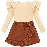 KISSB Toddler Girl Clothes Solid Long Sleeve Knit Top Ruffle Wrap Tie Skorts Girls Fall Outfits Skirt Set Size 2-8Y