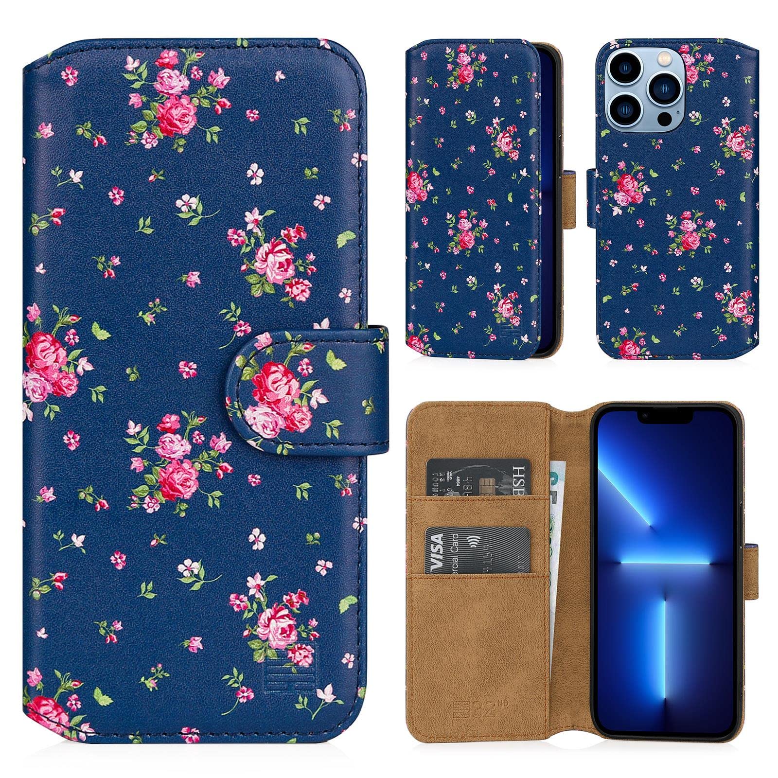 32nd Floral Series 2.0 - Design PU Leather Book Wallet Case Cover for Apple iPhone 13 Pro (6.1"), Designer Flower Pattern Wallet Style Flip Case With Card Slots - Vintage Rose Indigo