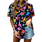 UNIQUEONE Dinosaur Shirt Women Cute Dinosaur Graphic Tees Hawaiian Dino Button up Tops