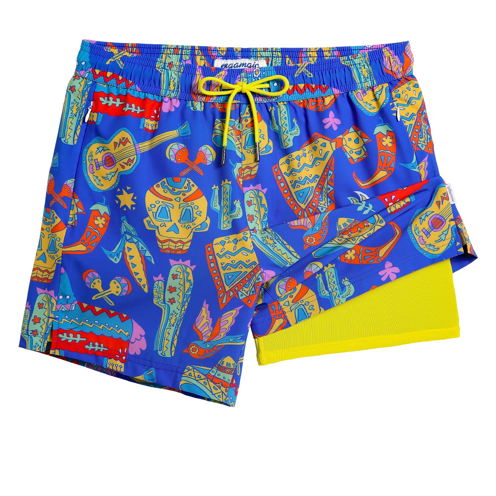 maamgic Mens Swim Trunks with Compression Liner 5" Stretch Athletic Swimming Shorts Quick Dry with Zipper Pockets No-Chafing Board Shorts Blue-Yellow Indian Carnival XS Image