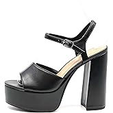Soda Women's Platform Chunky High Heel Sandals Ankle Strap Open Toe Heeled Shoes Blow Black Pu 7