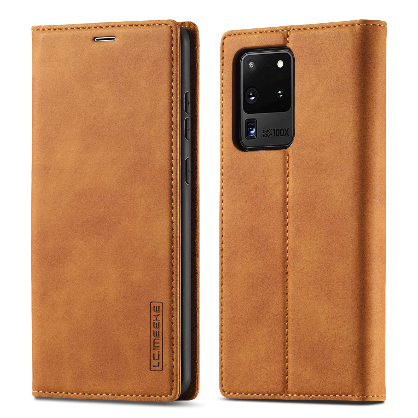 QLTYPRI Case for Samsung Galaxy S20 Ultra, Vintage Matte Leather Wallet Case Card Slot Kickstand Magnetic Shockproof Flip Folio Book Case Cover for Samsung Galaxy S20 Ultra - Brown