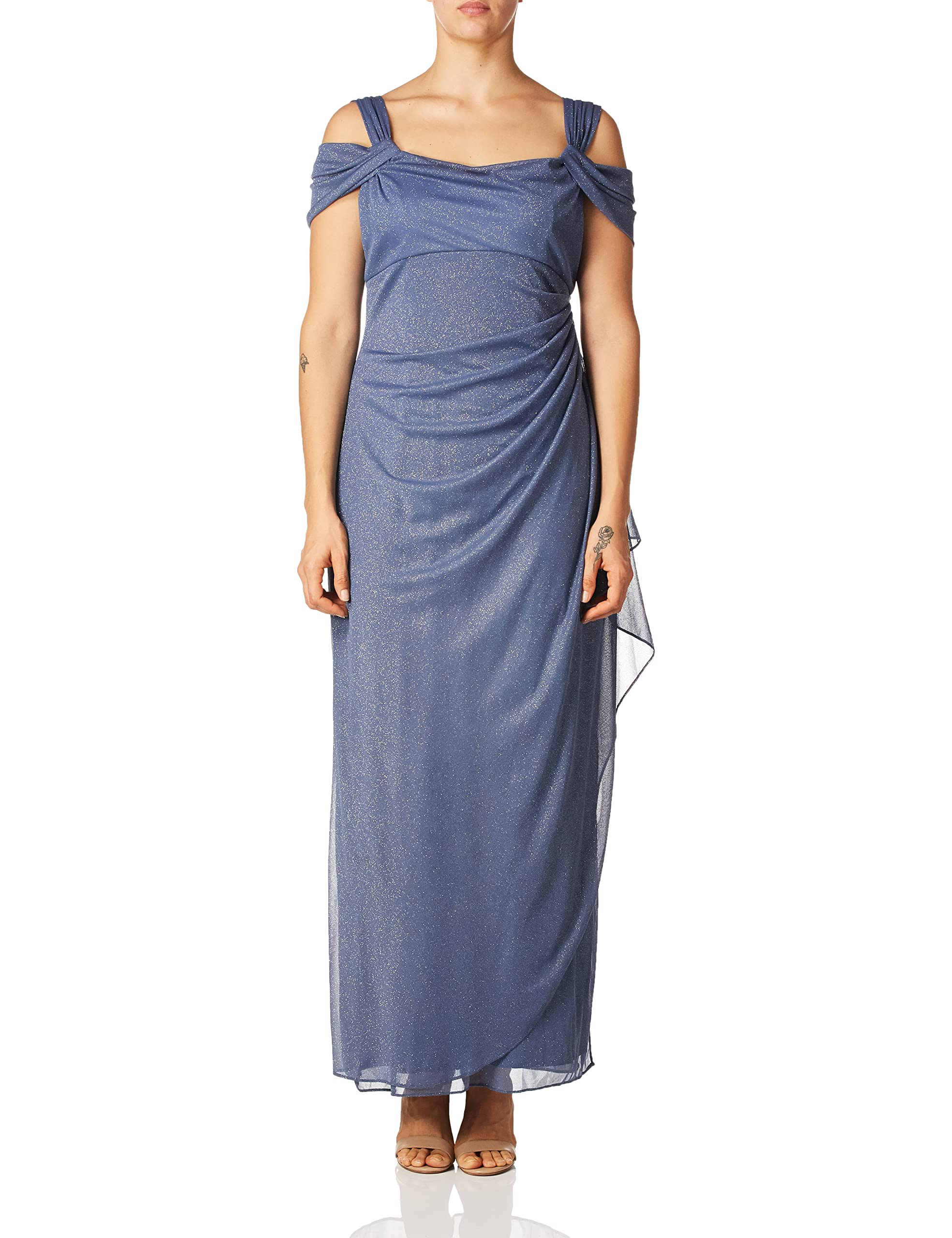 Alex Evenings Women’s Long Cold Shoulder Dress, Mother of The Bride, Formal Events Regular Sizes, Dusty Blue Glitter, 4 Petite