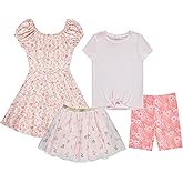 BTween Girls 4 Pack Dress Wardrobe Sleeveless Dress, T-Shirt, Shorts, Skirt Aqua, Flora, Laven, Pink Sizes 4/5 to 14-16