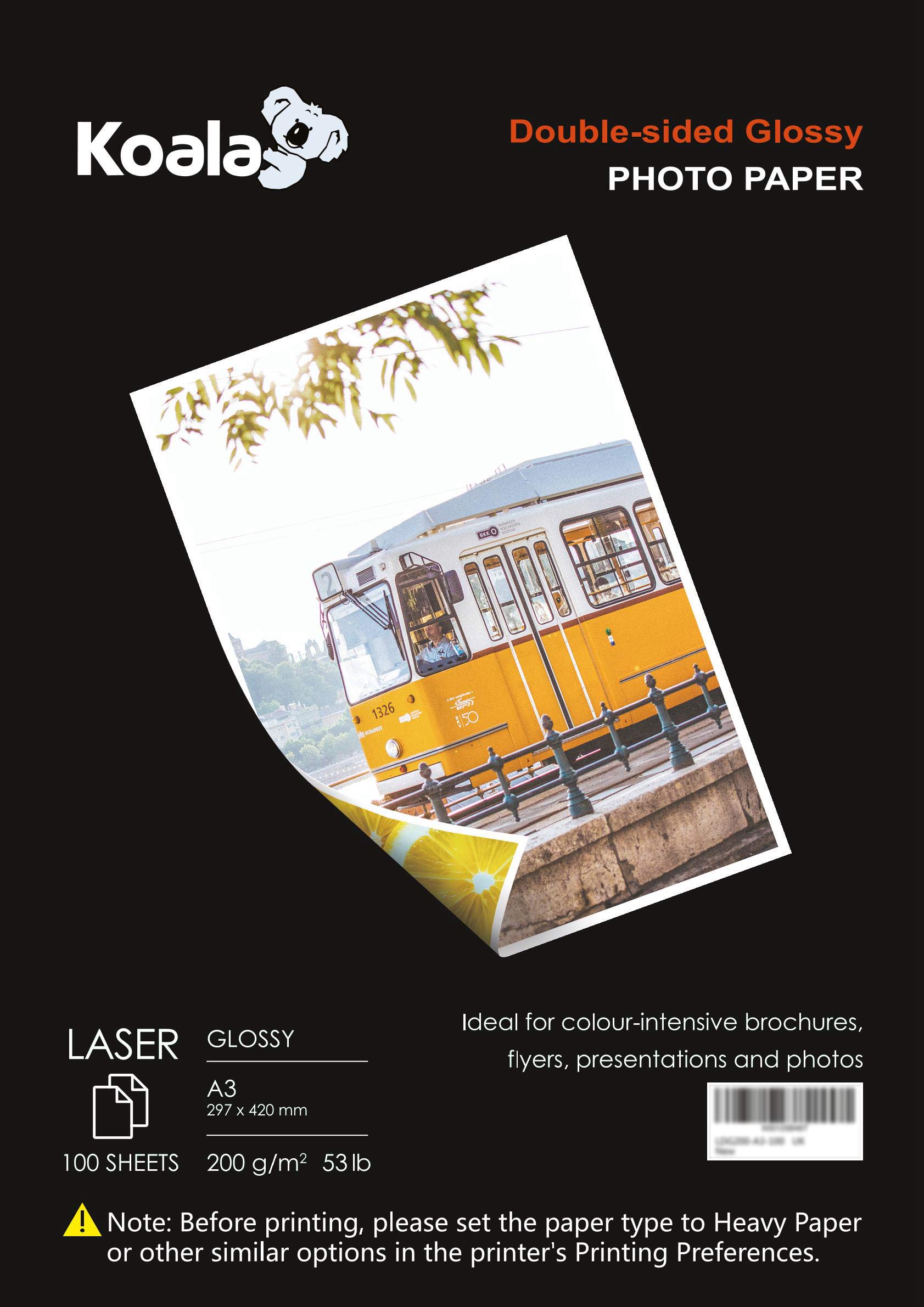KOALA Double Sided Glossy Laser Photo Paper A3, 200gsm, 100 Sheets. Suitable for Laser Printer, for Printing Photos, Brochures, Covers, Certificates, Booklets, Flyers, Leaflets, Cards, Calendars