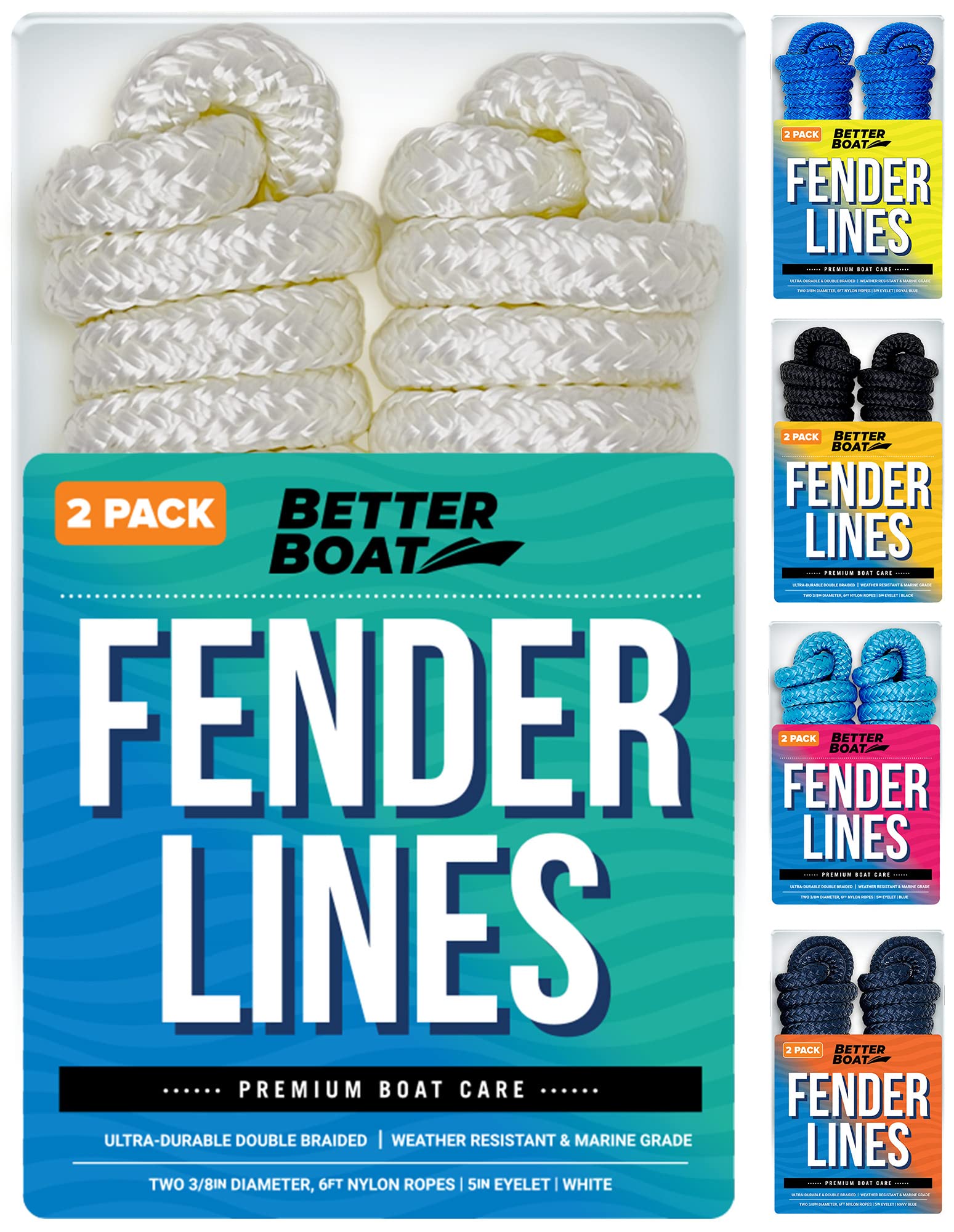 Boat Fender Lines, 3/8 Inch Double Braided Nylon Rope, 6 Ft with Loop, 2 Pack, White, for Buoy, Jet Ski Mooring, Docking & Small Boat Bumpers