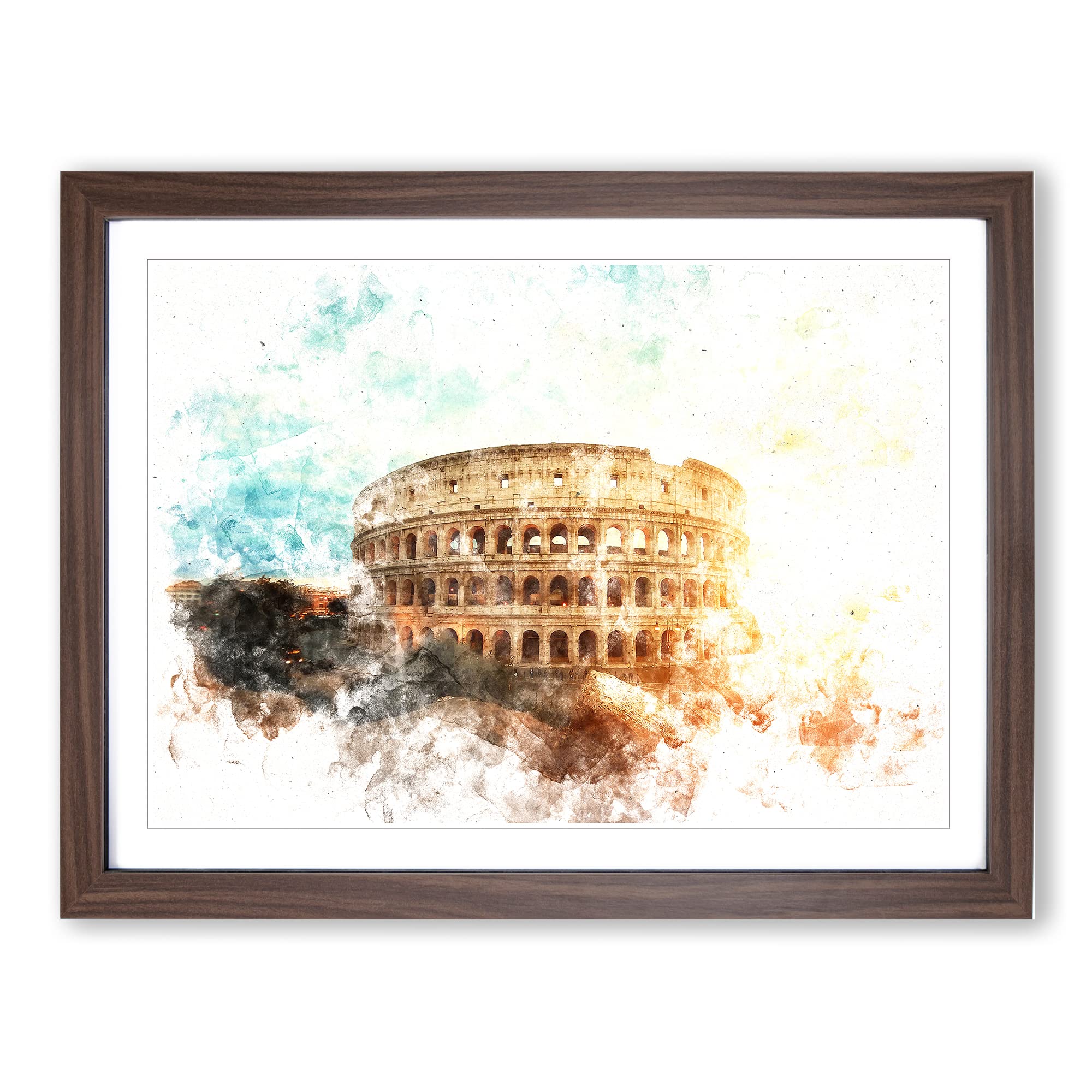The Colisium In Rome Italy Watercolour Modern Framed Wall Art Print, Ready to Hang Picture for Living Room Bedroom Home Office Décor, Walnut A4 (34 x 25 cm)