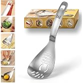 5 in 1 Multifunction Cooking Spoon,304 Stainless Steel Egg Slotted spoon | Multi‑purpose Design: Separate egg whites, grind ginger plate, mash potatoes, strain foods and open bottle caps effortlessly.