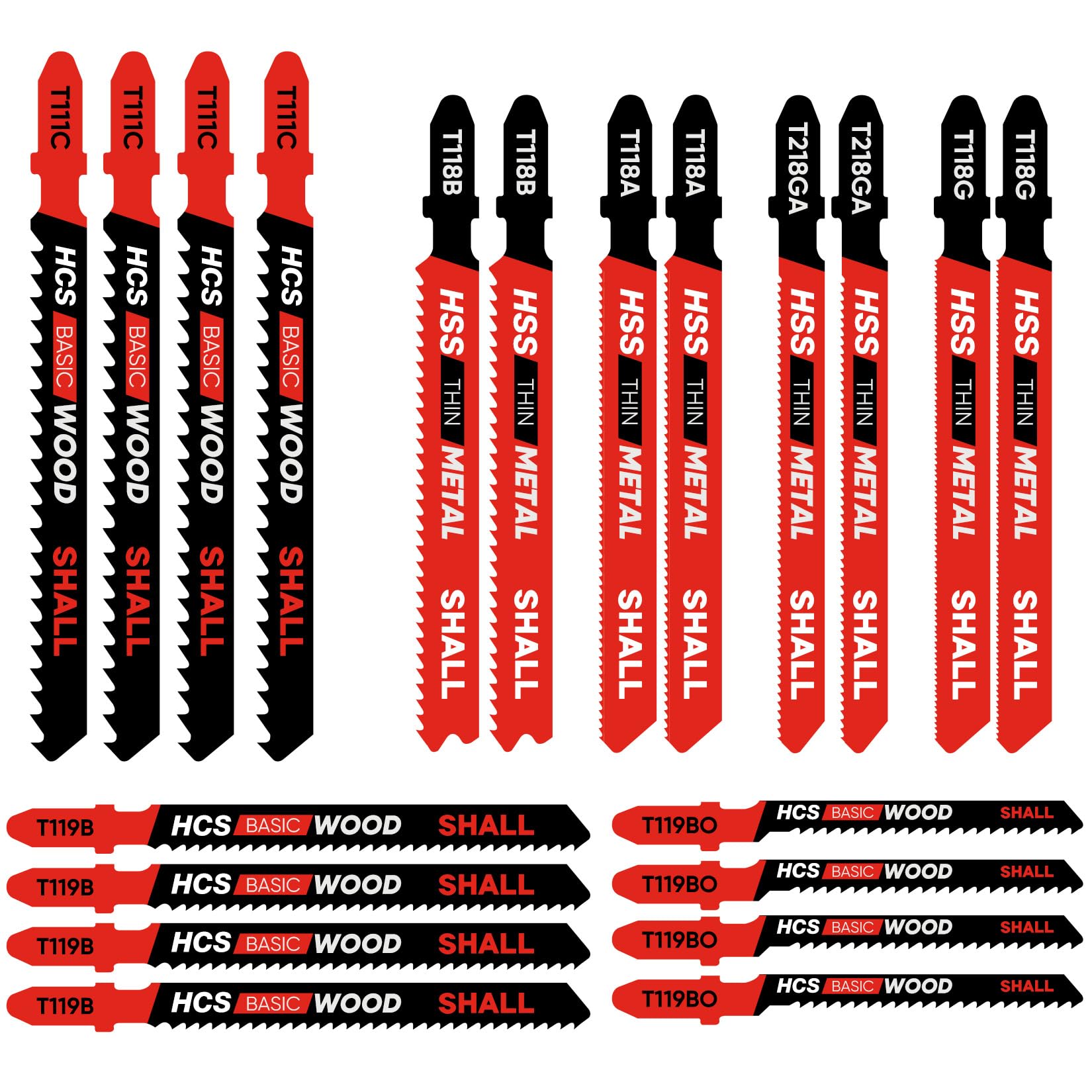 SHALL 20-piece T-Shank Jig Saw Blade Set, made of HSS/CPV, compatible with all jigsaws, various blades for wood, metal cutting, with storage box.