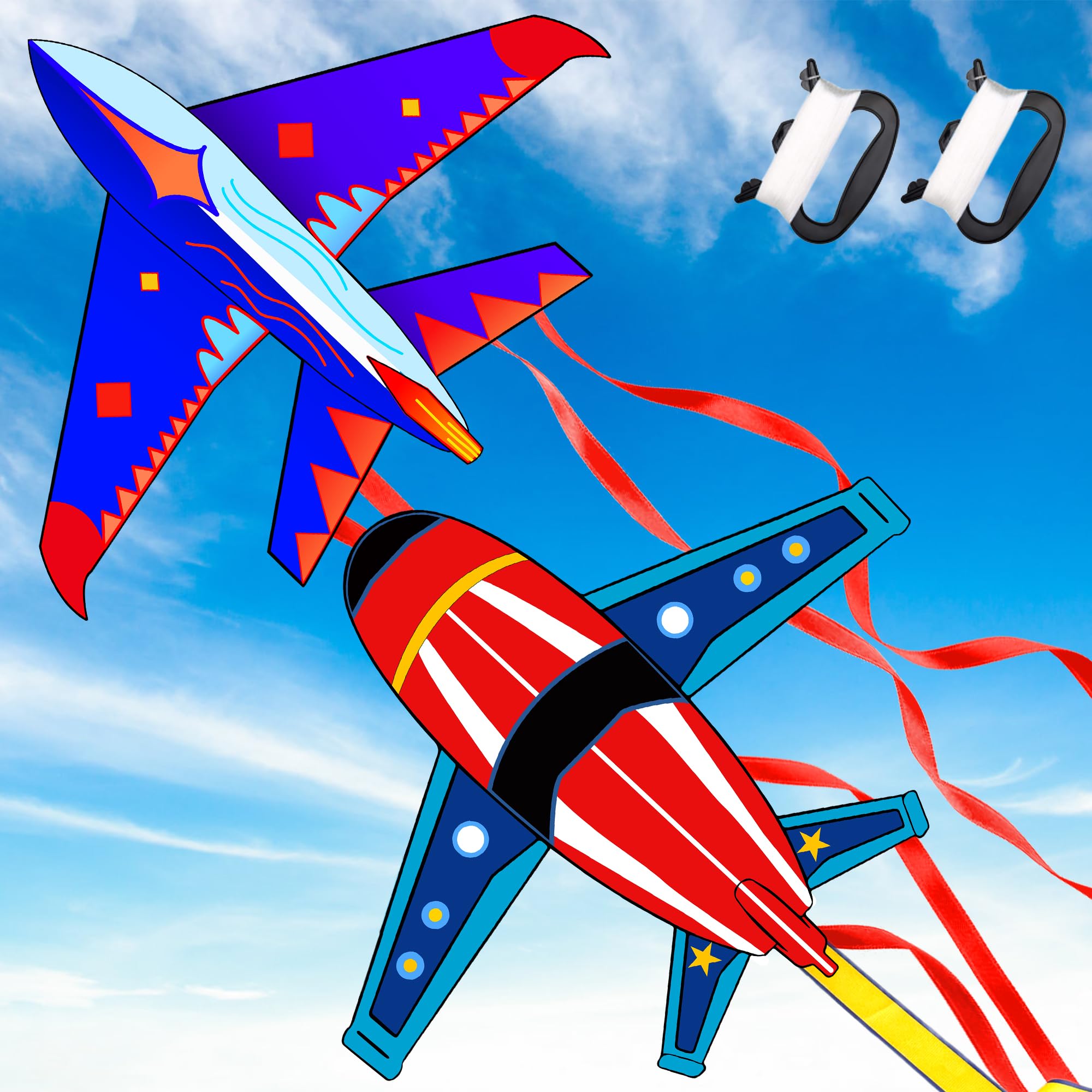 Lubibi Fighter Plane Kites for Kids - 2 Pack Easy To Fly Kites with Long Tail, 80m String and Swivel Included, Great Gift for Boys & Girls Age 3-12
