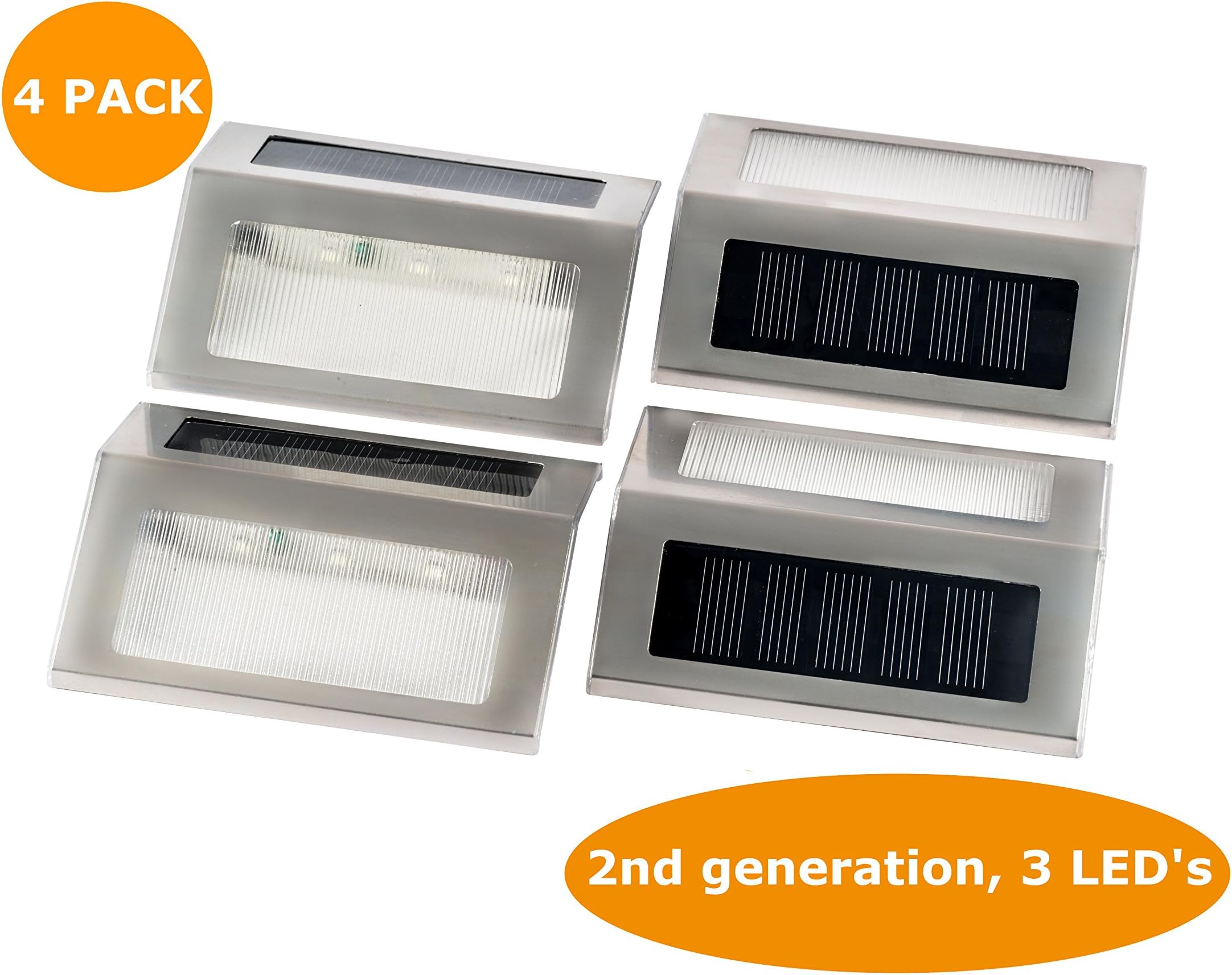EFIZA LED 4-Pack - Brighter 3 LED Wireless Stainless Steel Solar Step Lights - Rechargeable, Wireless, Waterproof, Solar Powered Step Lights for Stairs, Deck, Patio, and Garden