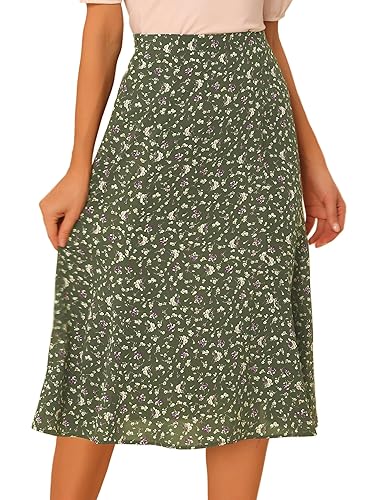 Allegra K Women's Floral Midi Skirt Peasant Elastic Waist A-Line
