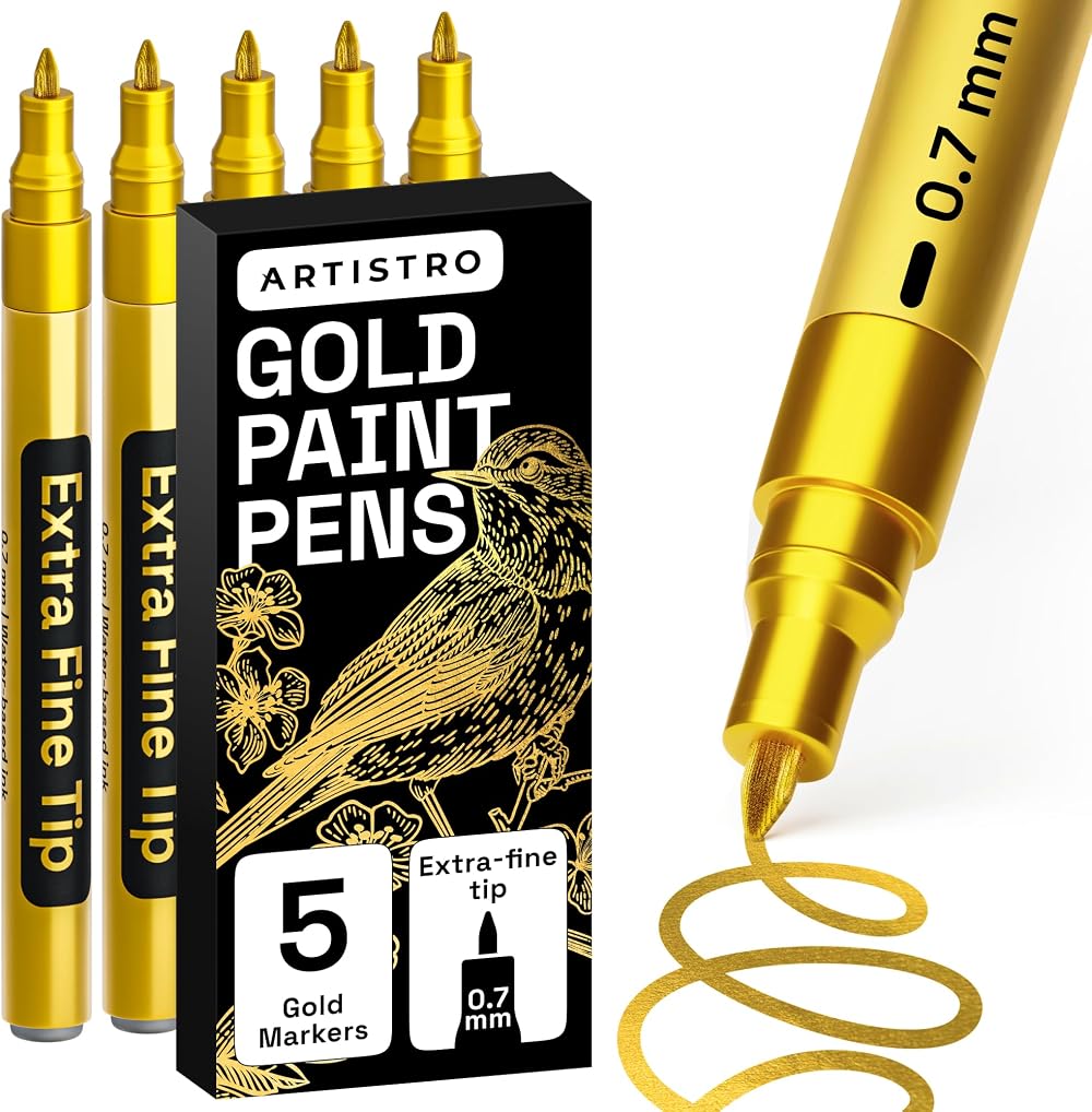 ARTISTRO 5 Gold Acrylic Paint Pens Set Extra Fine Tip Water Based
