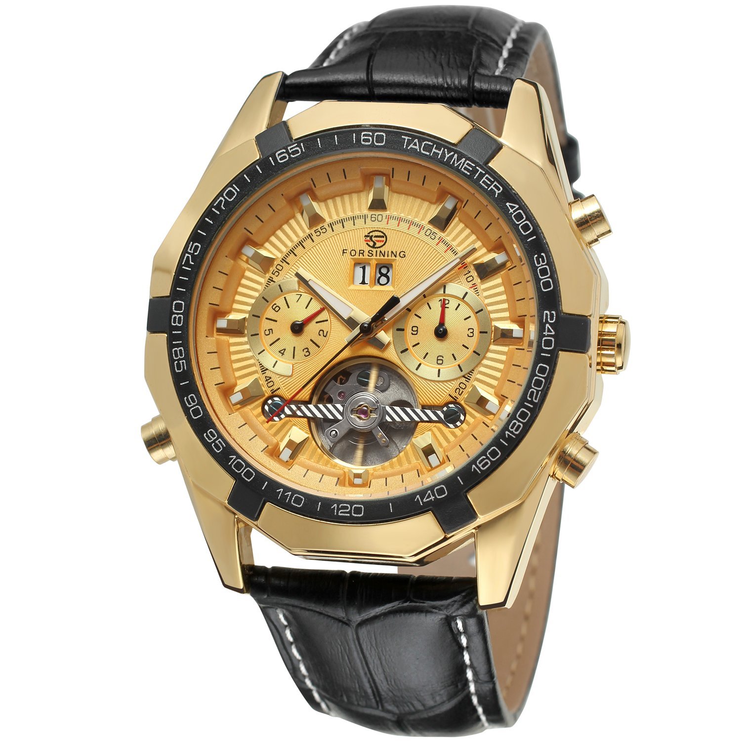 Forsining Men's Fantastic Automatic Day Calendar Tourbillon Leather Strap Wrist Watch FSG340M3T7