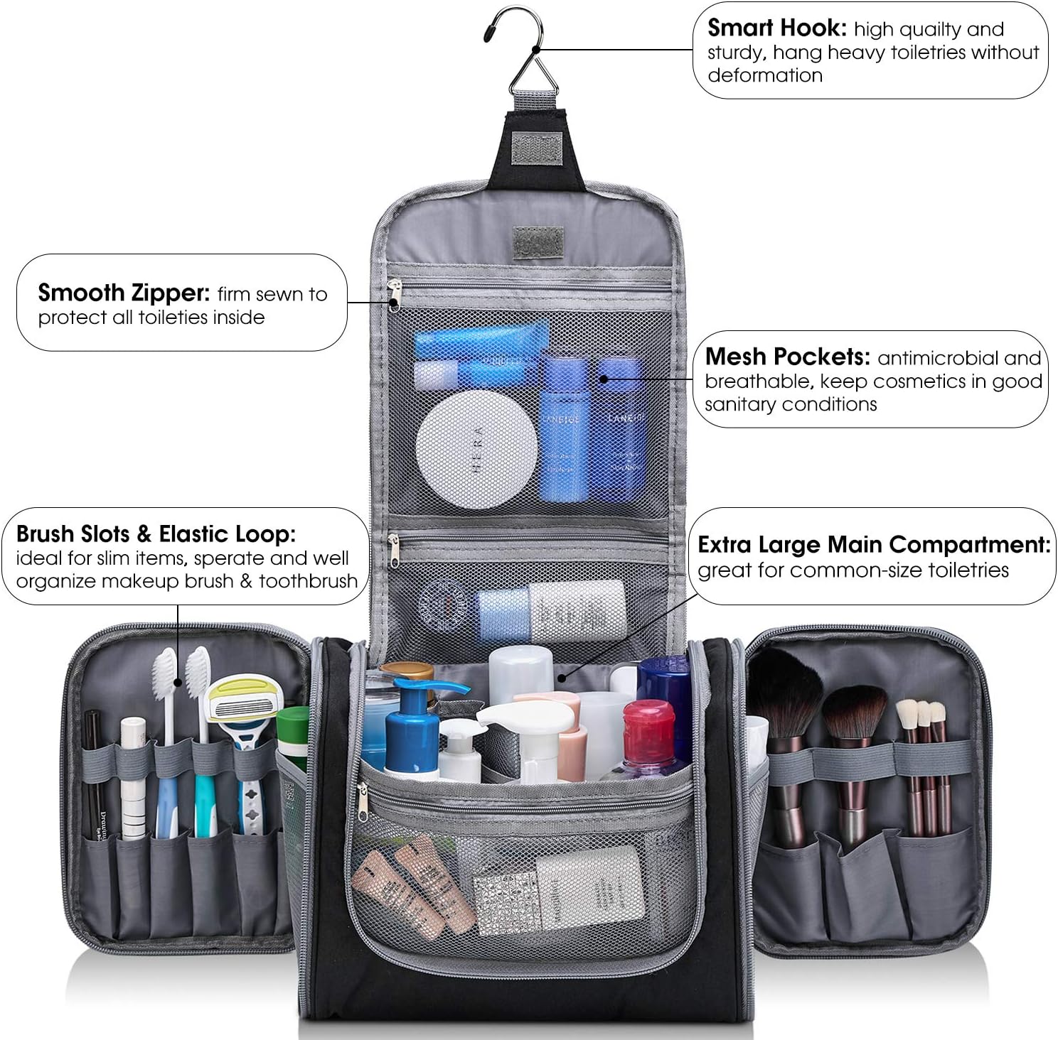 Large Hanging Toiletry Wash Bag Travel Makeup Cosmetic Organizer for Men Women by WANDF (Denim Black), 27 x 15.5 x 20 cm - Image 3