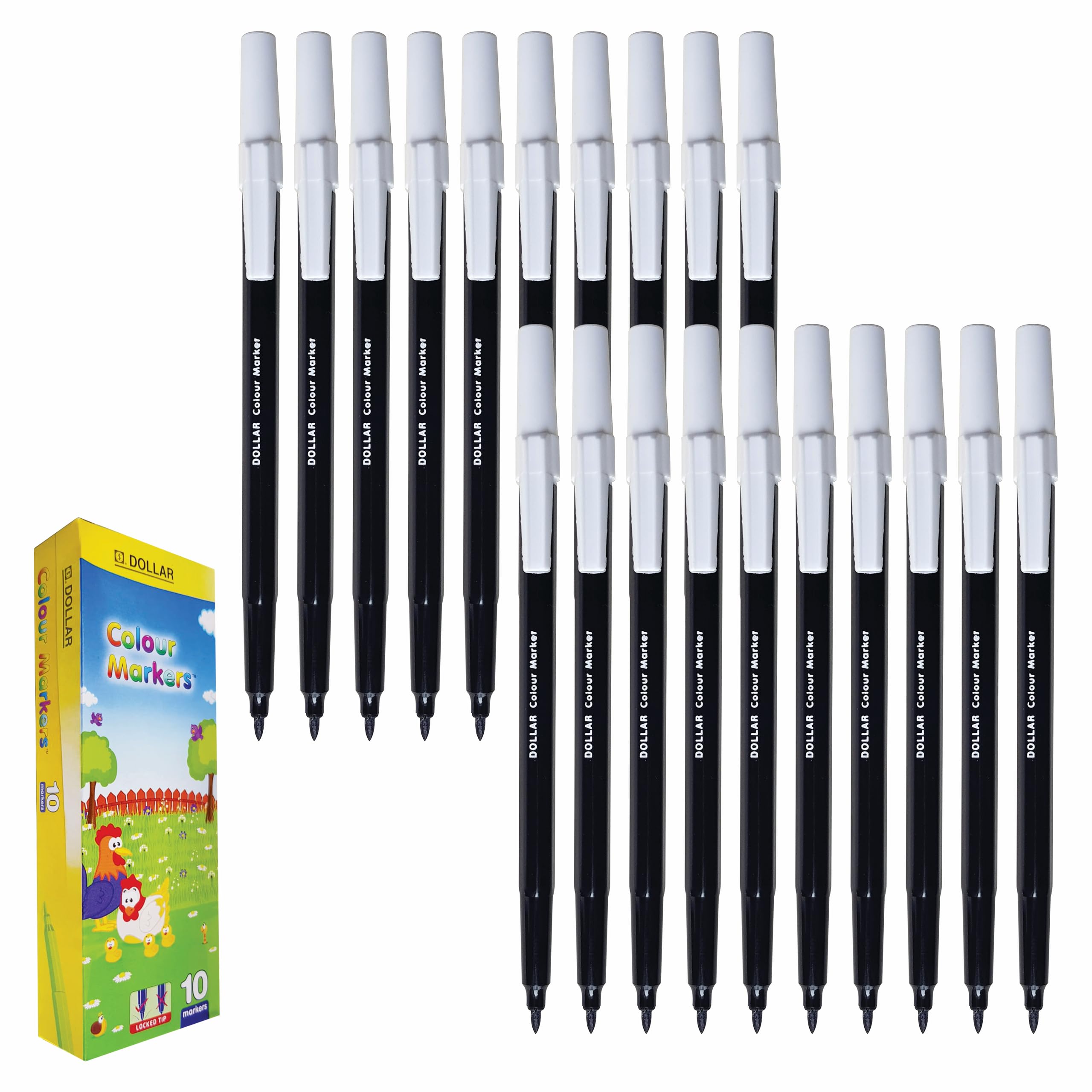 DOLLAR ColourMarkers Felt Tip Colouring Pens, BLACK, Fine Point, Pack of 20, Draw Colour Mark Sketch Write Shade Underline, School Office Home Everyday Use