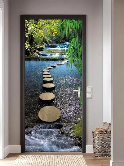 FLFK 3D Door Mural Wallpaper Peel Stick 77x200cm Mountain Stream Removable