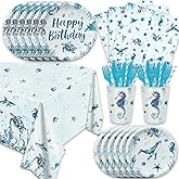 141Pcs Under the Sea Party Supplies Ocean Plates, Cups, Napkins, Forks ,Knives,Straws Baby Shower Birthday Party Underwater World Creatures Decorations
