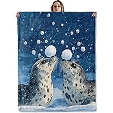 VOPNXLT Winter Seals Playing with Snowballs Blanket, Soft Cozy Lightweight Cute Animal Throw Blanket for Women Kids Adults, Sofa Couch Bed 50x60 Inch Flannel Snow Scene Blankets for Travel Decor Gifts