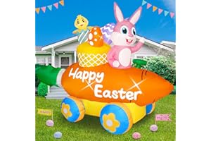 ANROOG 6.3FT Easter Inflatables Outdoor Decorations Bunny on Carrot Car Blow Up Yard Decorations with LED Lights Easter Rabbit Inflatable for Garden Lawn Patio Outside Holiday Party Decor(6.3FT Long)