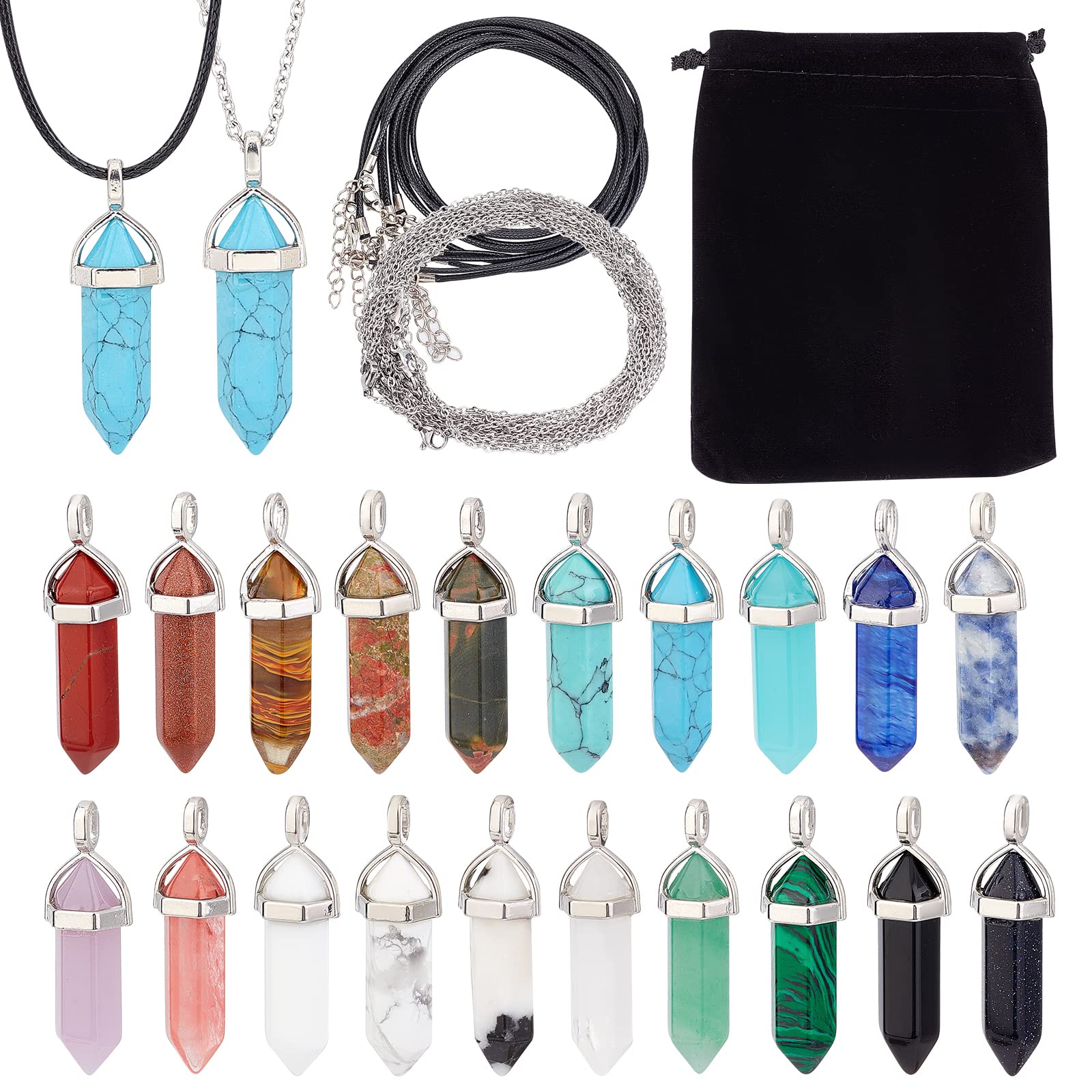 SUNNYCLUE 20 Colors Bullet Shape Gemstone Pendants Hexagonal Chakra Crystal Charms Healing Gemstone Pendant Bulk with Waxed Cotton Cord for Adults DIY Choker Necklace Jewelry Making Crafts