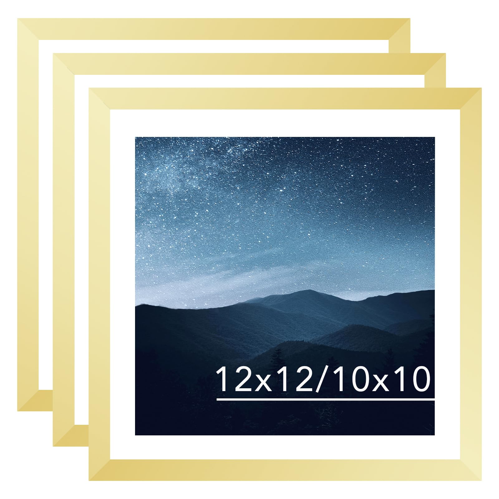 JCJMY 12x12 Picture Frame Set of 3 Gold with 10x10 Mat for 30 x 30cm Diamond Art Painting, Display Photo 10x10 with Mat or 12 x 12 Without Mat, Wall Hanging Large Frame with Plexiglass, 3 Pack, Gold