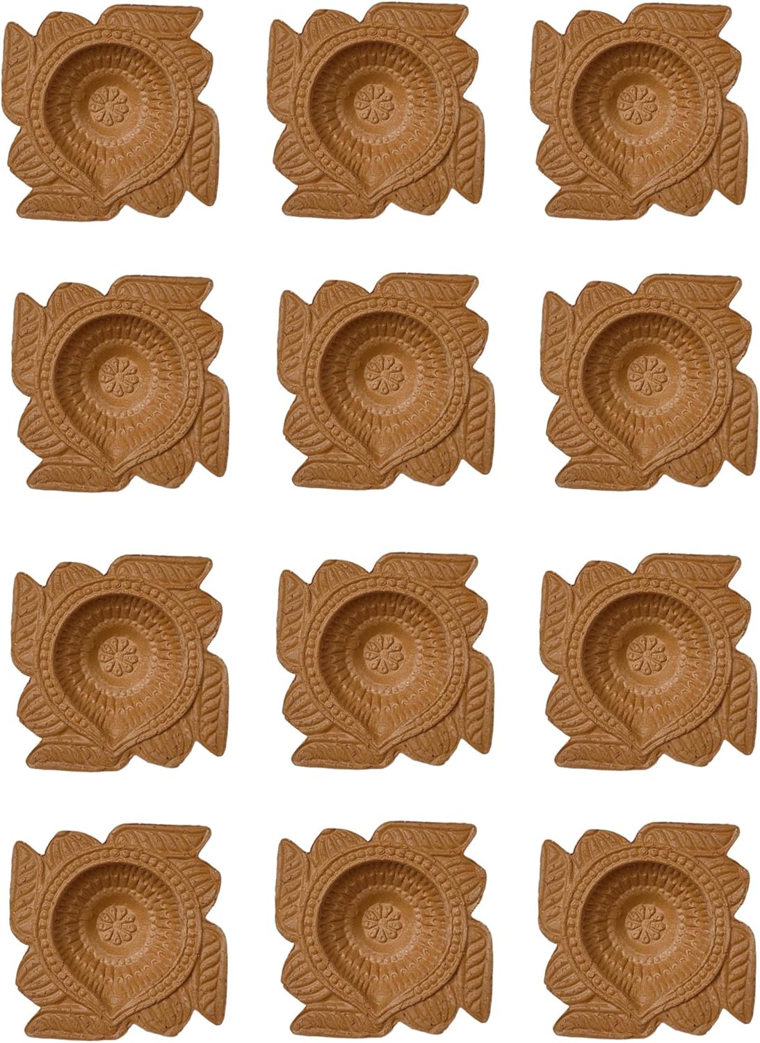 Oil Lamps & Accessories - Amroha Crafts 12 Pcs Diya Set of Clay Handmade Flower Design Diya for Diwali/Deepawali Gift/Decorations/Natural Earthen Oil Lamp/Traditional Diyas for Pooja with Cotton Wicks/Batti
