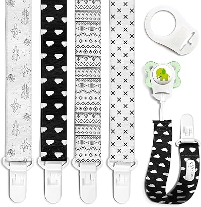 PUTSKA 4 Pack Dummy Clip Holder Soother Leash Black White