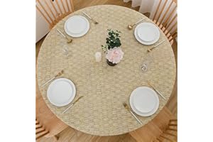 LIBERECOO Round Vinyl Fitted Tablecloth with Flannel Backing Elastic Edge Plastic Table Cover Waterproof Table Cloth Stain-Resistant Wipeable for 45"-56" Round Table