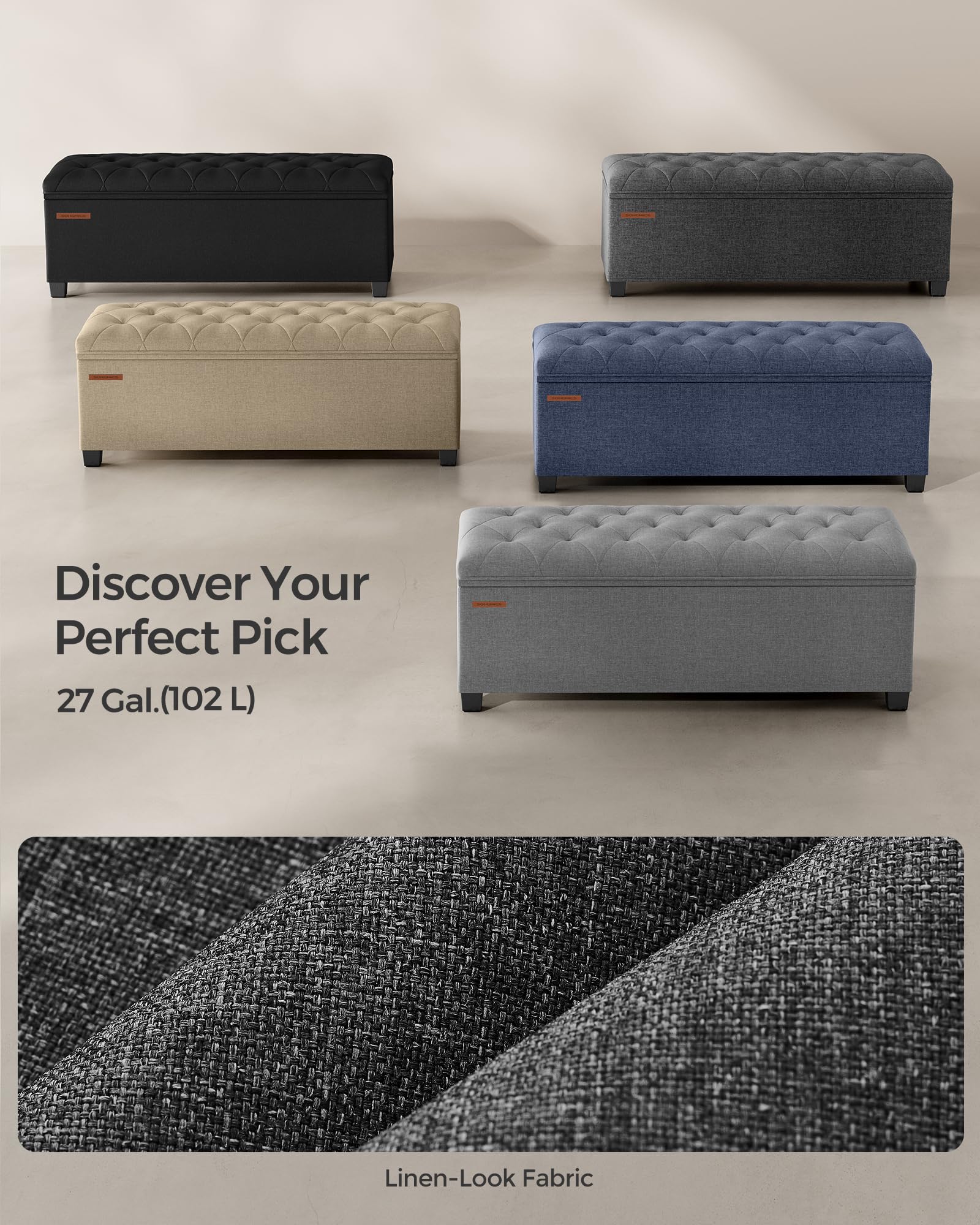 SONGMICS Storage Ottoman Bench, Foot Rest with Legs, 15.7 x 43.3 x 15.7 Inches, End of Bed Bench, Storage Chest, Load up to 660 lb, for Living Room, Bedroom, Entryway, Dark Gray ULSF088G01 - Image 6