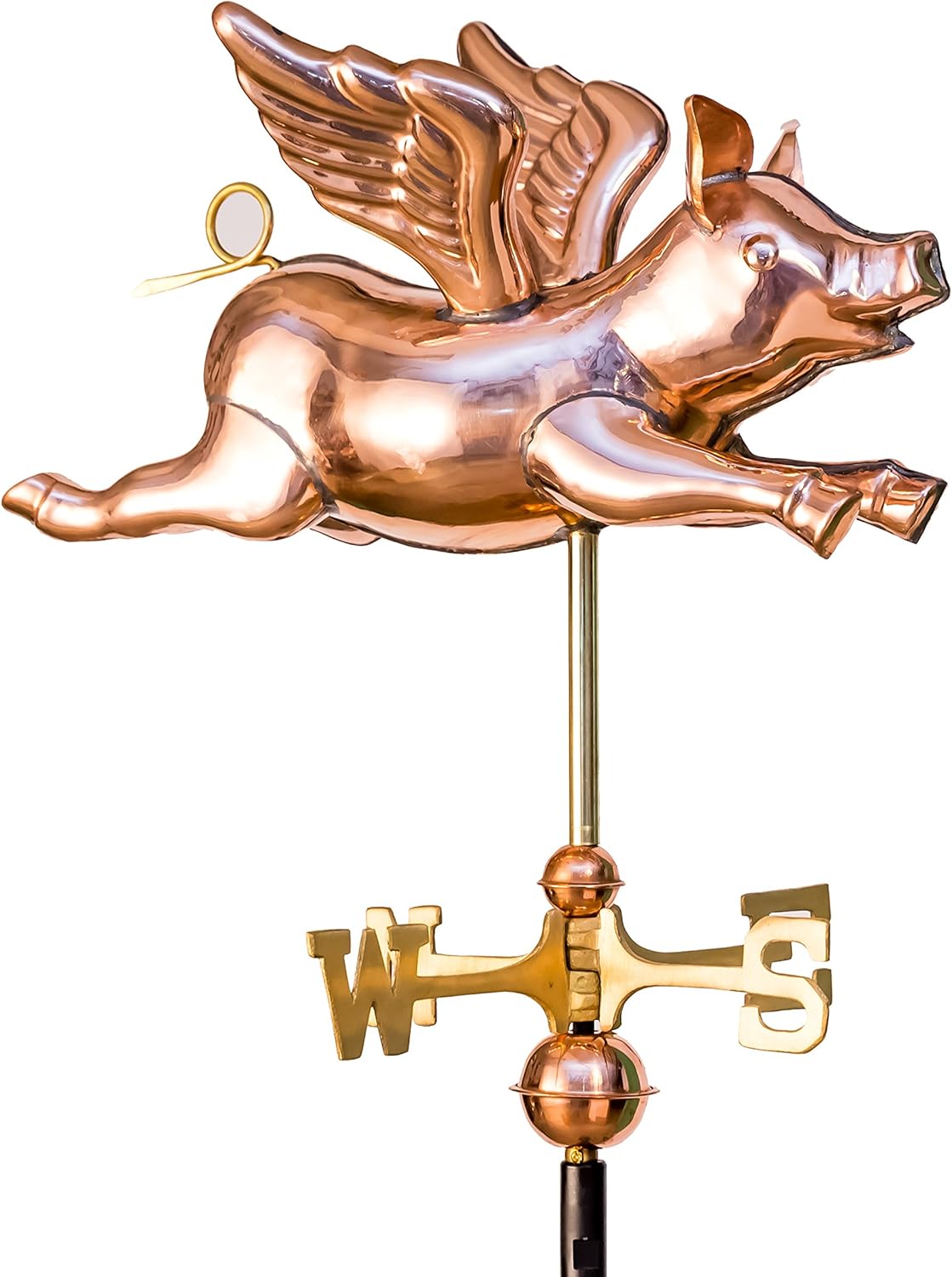 Weathervanes - East Coast Weathervanes and Cupolas Garden 3D Flying Pig Weathervane Polished Copper (Copper, W/ Roof Mount)