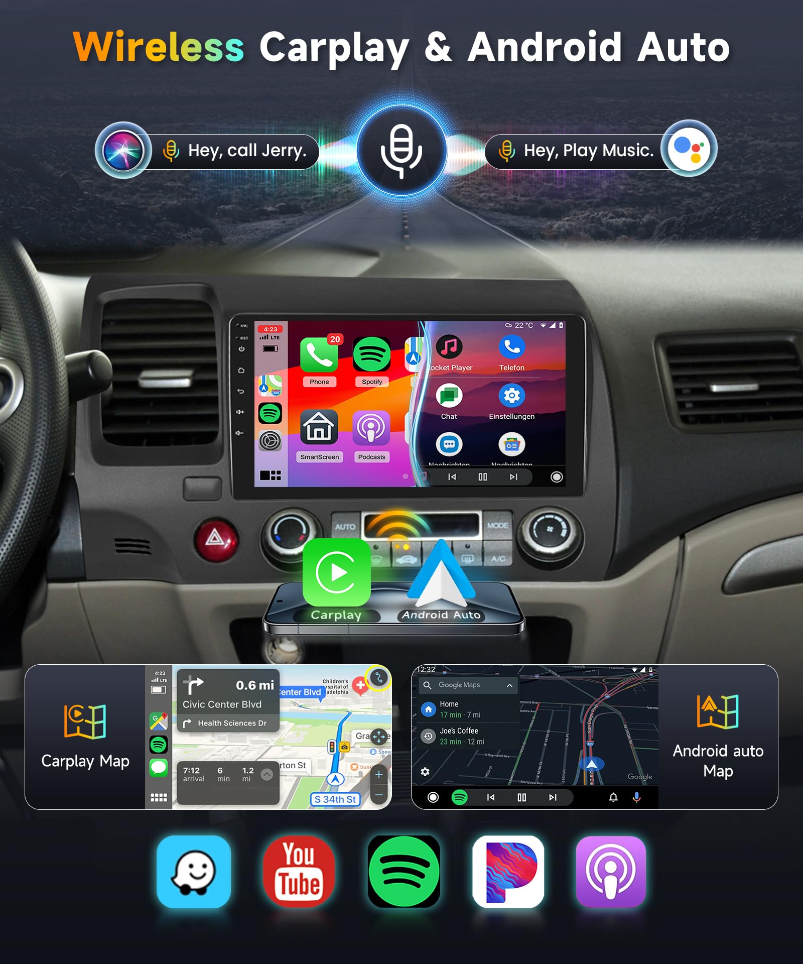 Podofo Car Stereo Radio for Honda Civic 2007 2008 2009 2010 2011 Wireless CarPlay Android Auto 9Inch 1080P Touch Screen Bluetooth FM/RDS Radio GPS Navigation WiFi EQ AHD Backup Camera 2G+32G