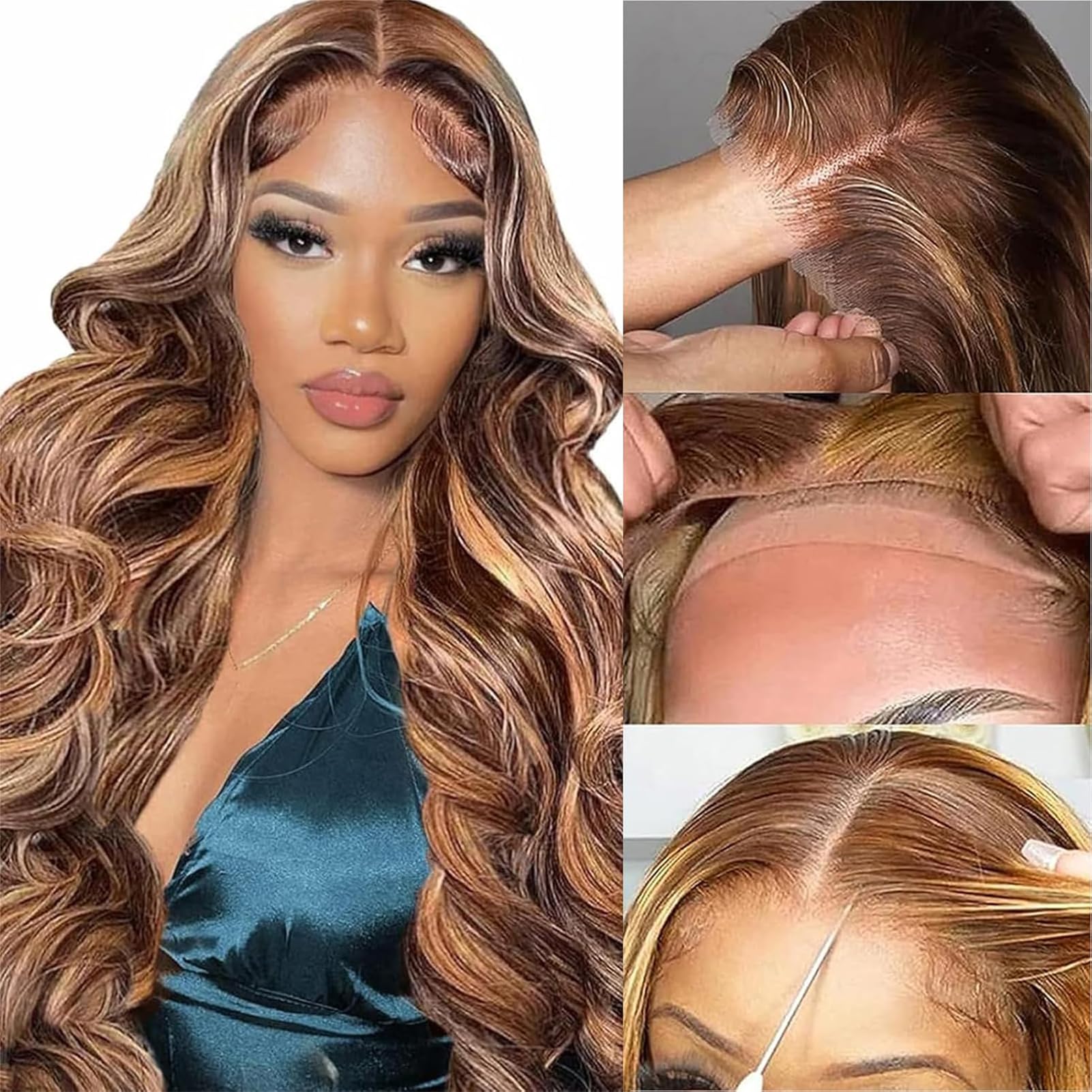 Photo 1 of Highlight Ombre Glueless Wigs Human Hair Pre Plucked Pre Cut 200% Density 5x5 HD Lace Closure Wigs Human Hair P4/27 Colored Honey Blonde Body Wave Lace Front Wigs Human Hair for Women (18 Inch)