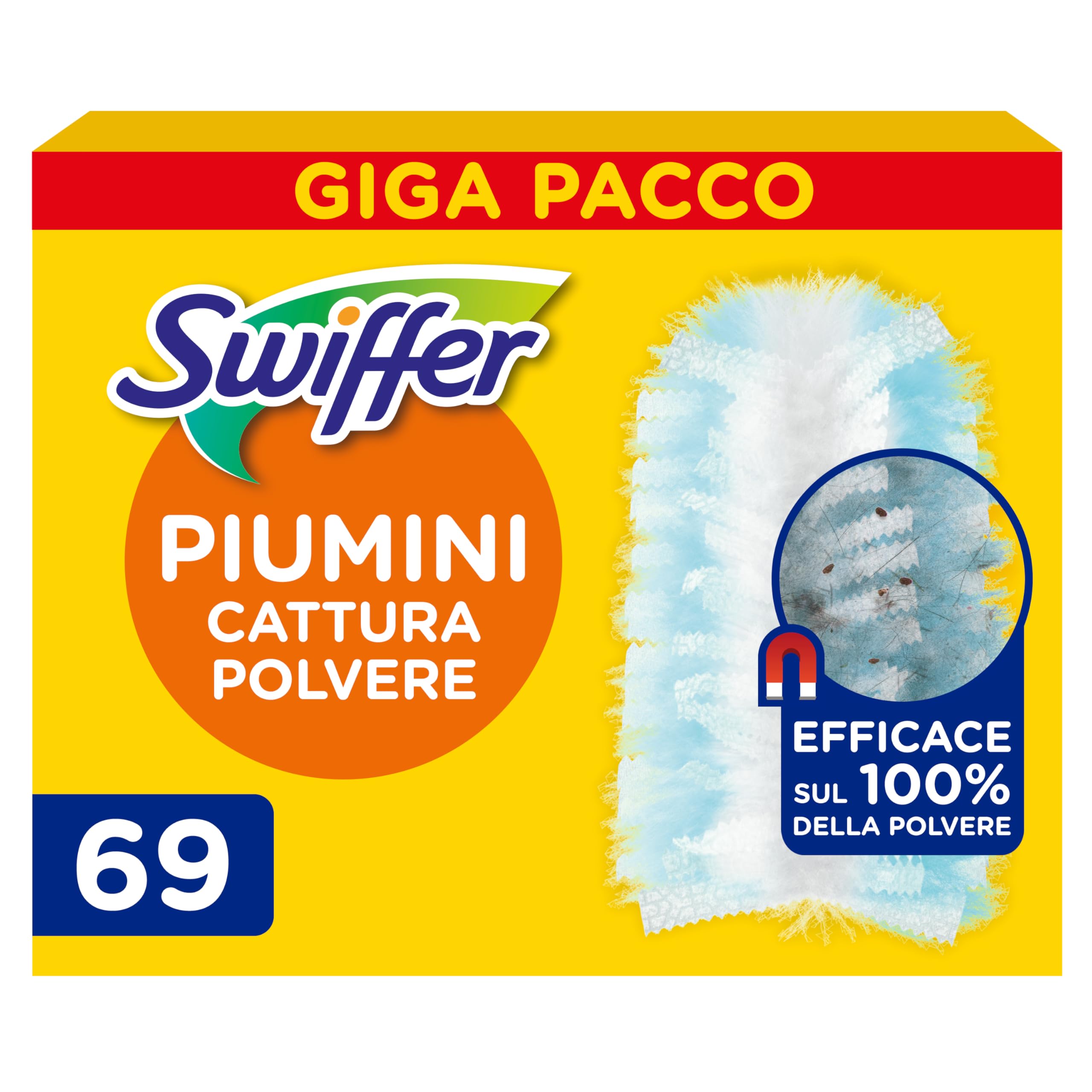 Swiffer Duster Piumini Cattura Polvere, 69 Piumini, Cattura e Intrappola Polvere e Sporco, Raggiunge I Punti più Difficili della Casa, Giga Formato