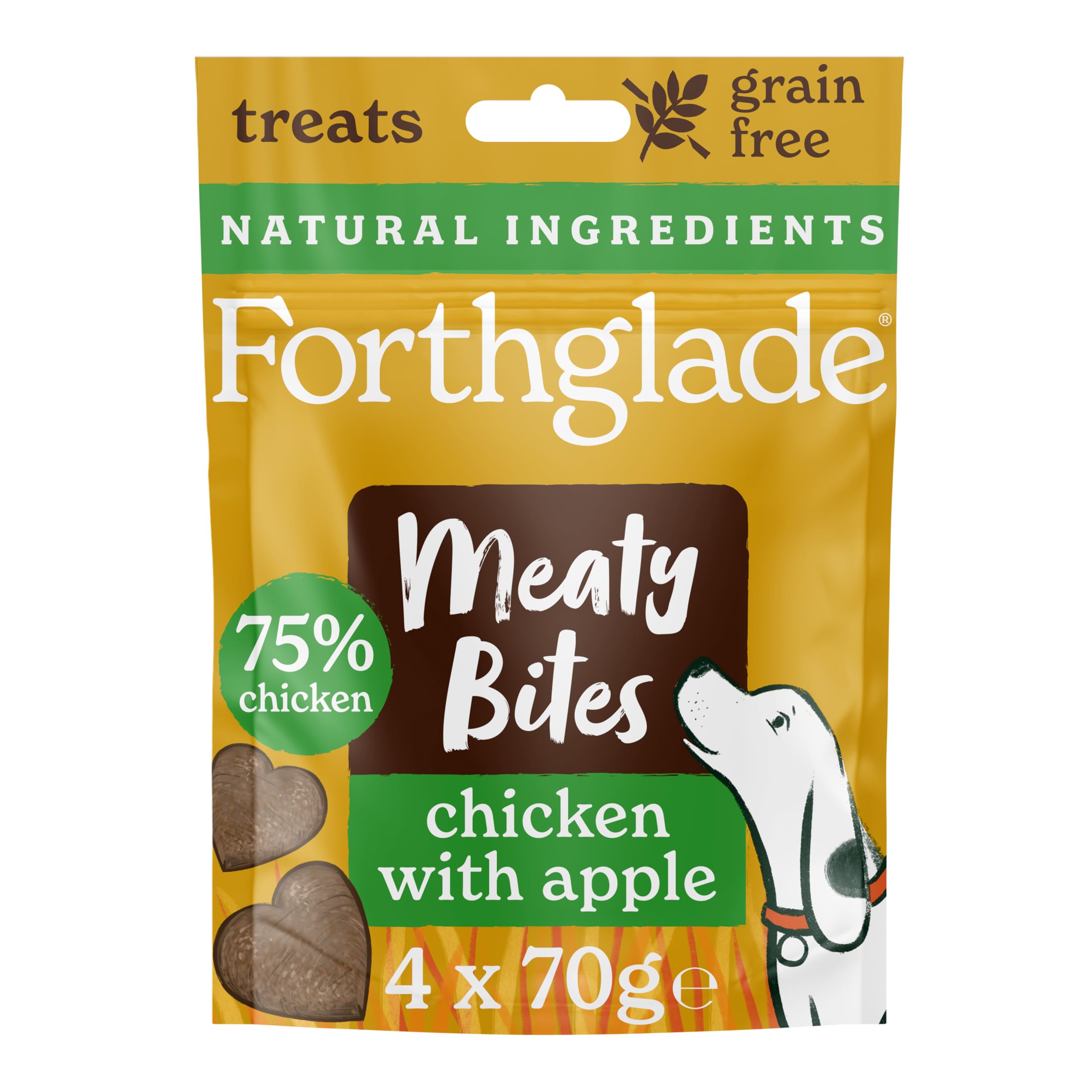 Forthglade Meaty Bites (4 x 70g Bags) - Hypoallergenic & Grain Free Dog Treats with Chicken & Apple, Natural Dog Treats with 75% Chicken, Resealable Bags