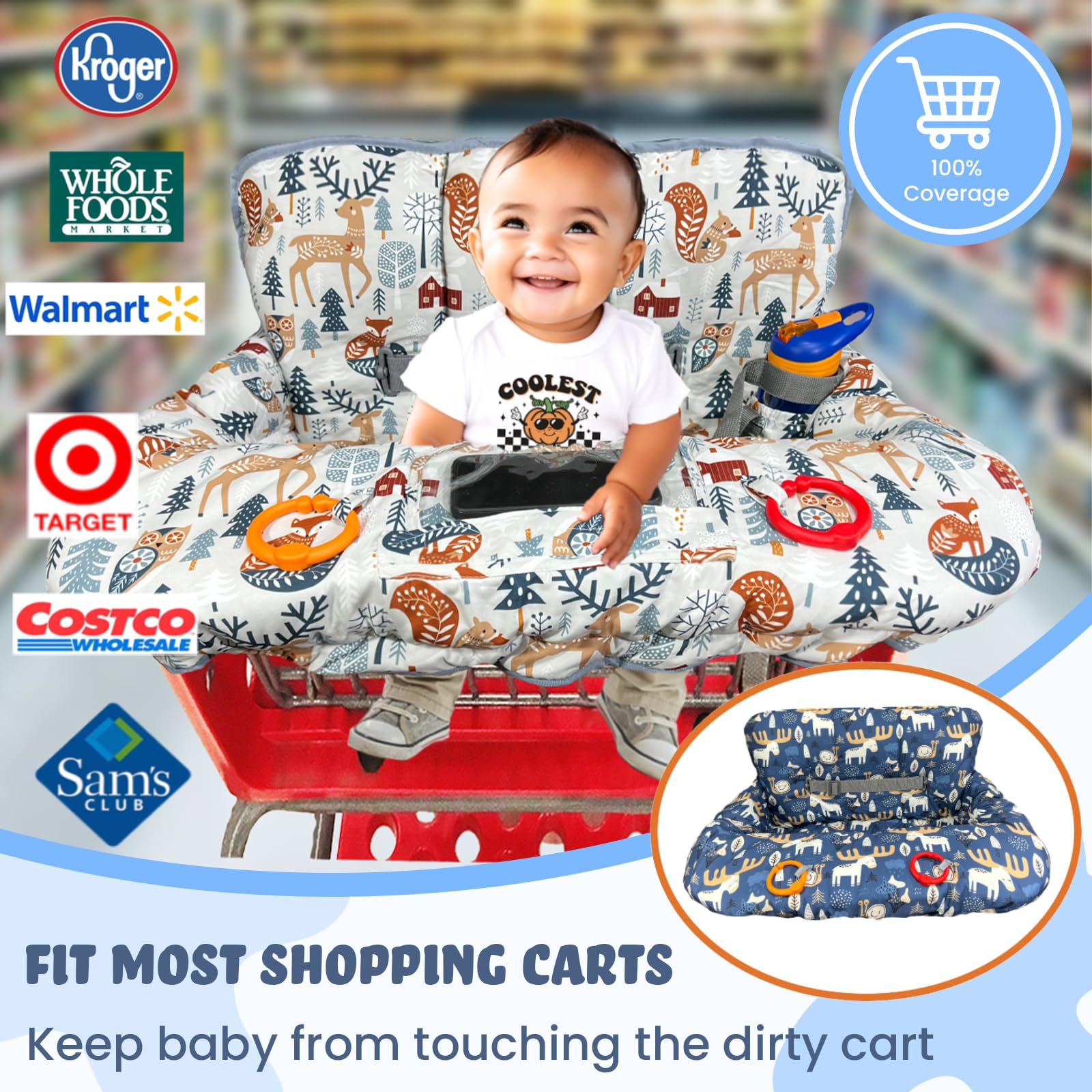 Shopping Cart Cover for Baby Grocery Cart Cover for Baby boy and Baby Girl, High Chair Cover for Baby and Toddler, Baby Registry Gift - Waterproof - Extra Large - Cotton - Double Sided (Multi)