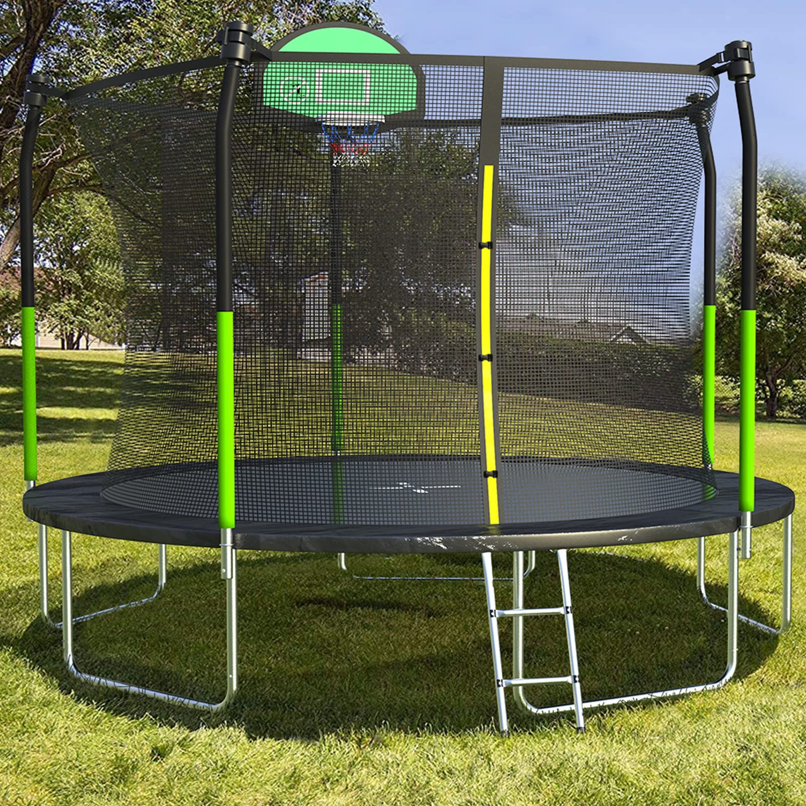 AOTOB 12FT Trampoline with Safety Enclosure Net，Outdoor Trampoline with Basketball Hoop, Heavy Duty Jumping Mat and Spring Cover Padding for Kids and Adults, Storage Bag and Ladder Image