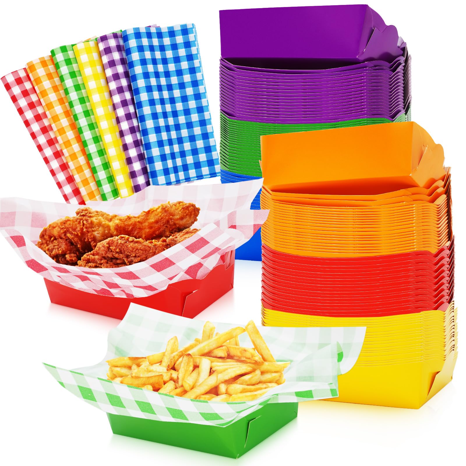 Photo 1 of Whaline Rainbow Paper Food Trays Set with Plaid Deli Paper Sheets - 240 Pcs - Disposable, Greaseproof - Perfect for Parties & Occasions