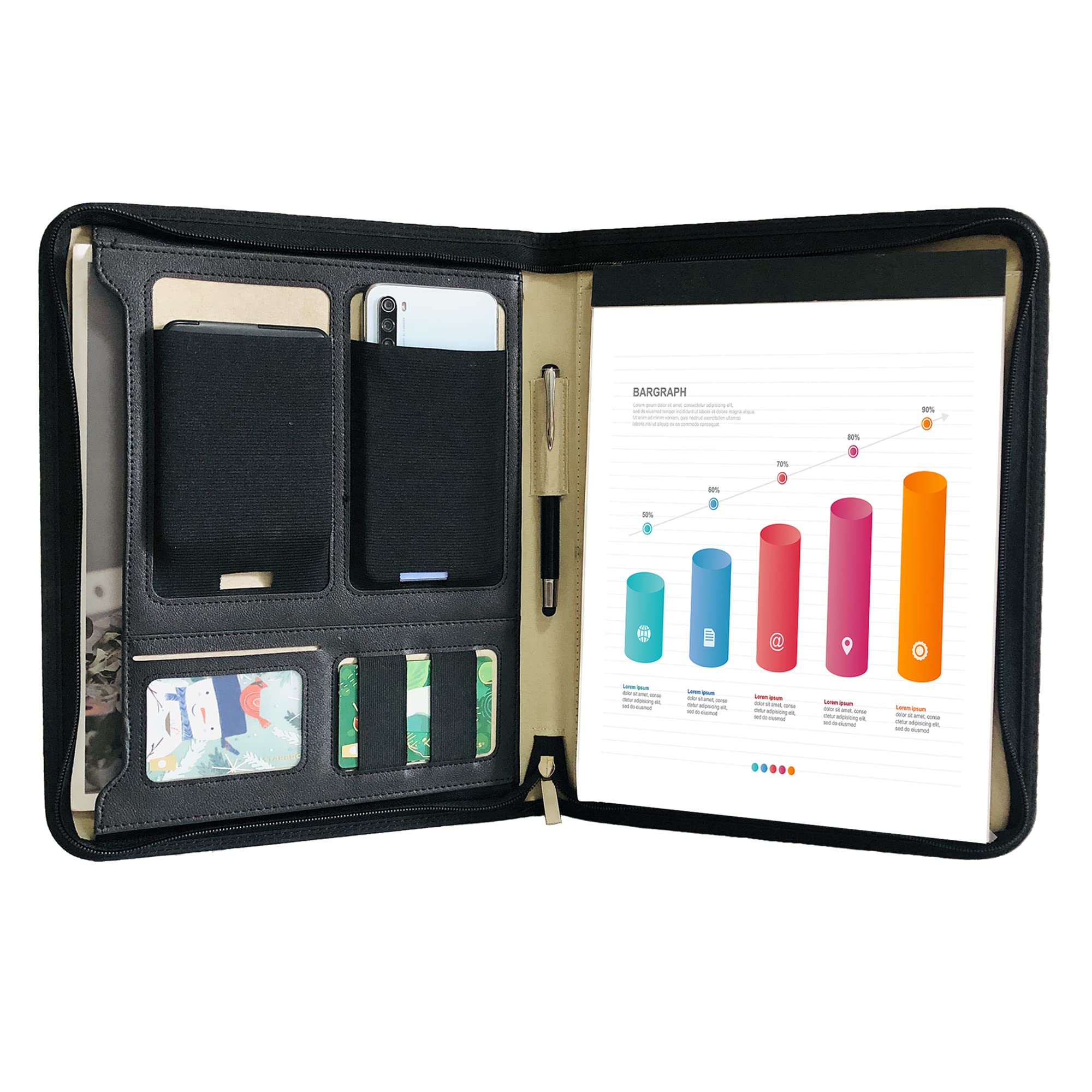 PU Leather Portfolio, Letter Size Organizer Folder, Zipper Portfolio, Padfolio for Men, A4 Holder Document Bag Leather Folio