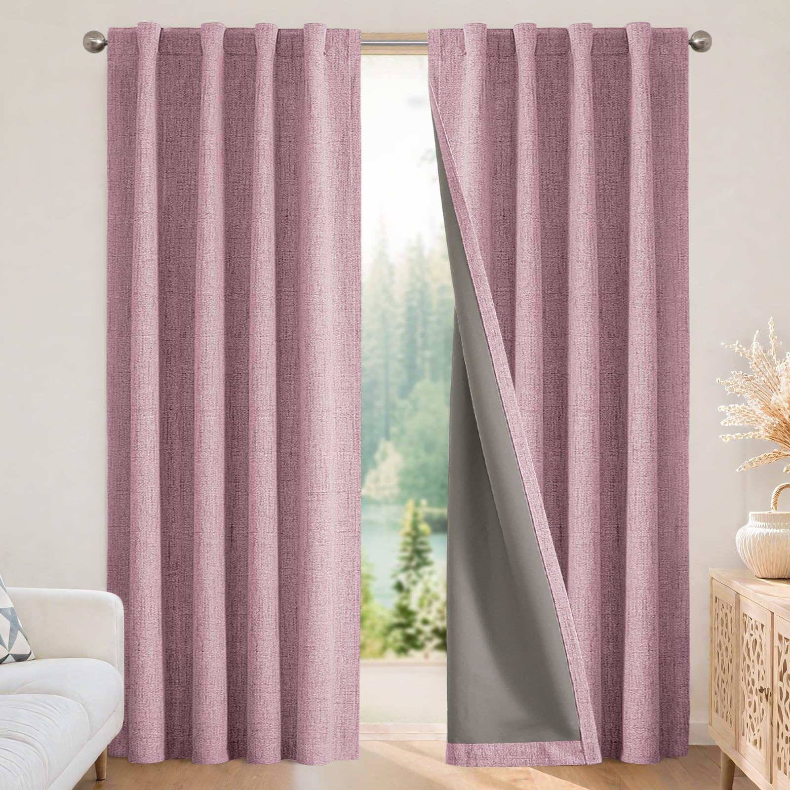 Joydeco Blackout Curtains for Bedroom - 63 Inch Long 100% Light Blocking 2 Panels Set Pink Drapes, Thermal Insulated Room Darkening Curtains, Linen Textured for Living Room, Rod Pocket & Back Tabs Image