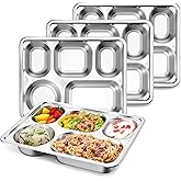 HaWare 4-Pack Stainless Steel Divided Plates Tray for Toddler Kids Adults, Rectangular Portion Control Dinner Plates with 5-Compartment, Metal Tray for Lunch Camping Dinner, Reusable Serving Platter