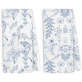 Pugwak Vintage Flower Kitchen Dish Towels 16x24 Inch Set of 2, Aesthetic Botanical Floral Tea Towel Gifts for Women Girls, Blue and White Chinoiserie Decorative Hand Towels Tea Towels