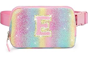 COTMCOR Christmas Birthday Gifts for 5 6 7 8 9 10 11 12 Year Old Girl Teens Kids, Glitter Initial Fanny Pack for Girls Belt Bag Purse Crossbody Bags Cute Valentines Day Gifts Trendy Stuff, Pink Rainbow E