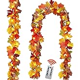 Fall Garland Maple Leaf with Lights, 2 Pack 5.7Ft/Piece Leaf Garland with Remote Control, Timer, 8 Light Modes, Fall Decorations for Home, Autumn Decor for Thanksgiving Halloween Indoor Outdoor
