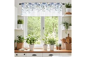 TUBUDU Blue White Botanical Floral Leaf Kitchen Curtain Spring Watercolor Flowers Rustic Farmerhouse Window Treatment Topper 
