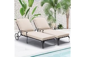 HOMEFUN Chaise Lounge Chair Outdoor - Poolside Chairs Set of 2 with Cushion Cast Aluminum Waterproof Lounger with Wheels and Adjustable Reclining, Pack of 2 (Beige Cushion)